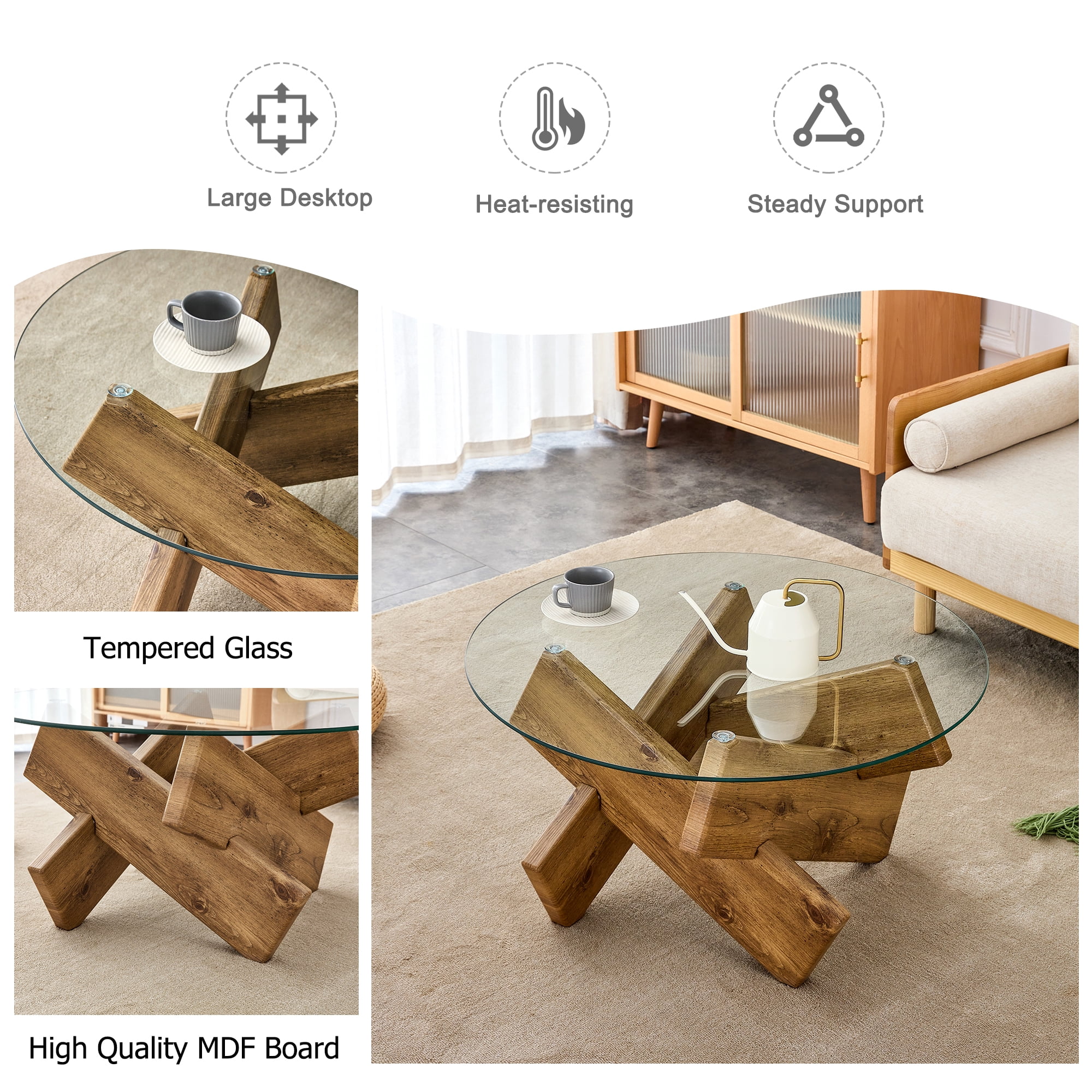 NYEESS 33.4" Round Glass Coffee Table, Tempered Glass Top with Rustic MDF Legs, Natural Farmhouse Style Living Room Accent Table