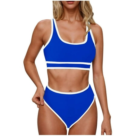 WCMZJ Women s High Waisted Bikini Sets Sporty Two Piece Swimsuits Color Block Cheeky High Cut Bathing Suits Blue L