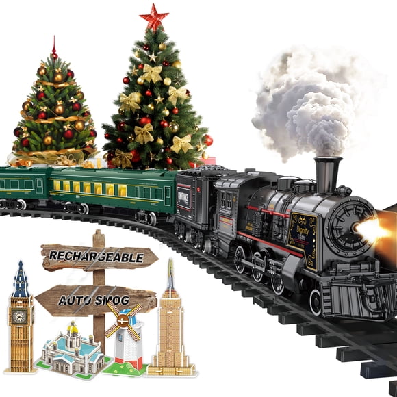 Electric Train Sets for Boys Girls Metal Alloy Christmas Trains Toys Steam Locomotive, Passenger Carriages, Tracks, Light & Sounds Birthday Gifts for Kids 3 4 5 6 7 8 + Years Old Green
