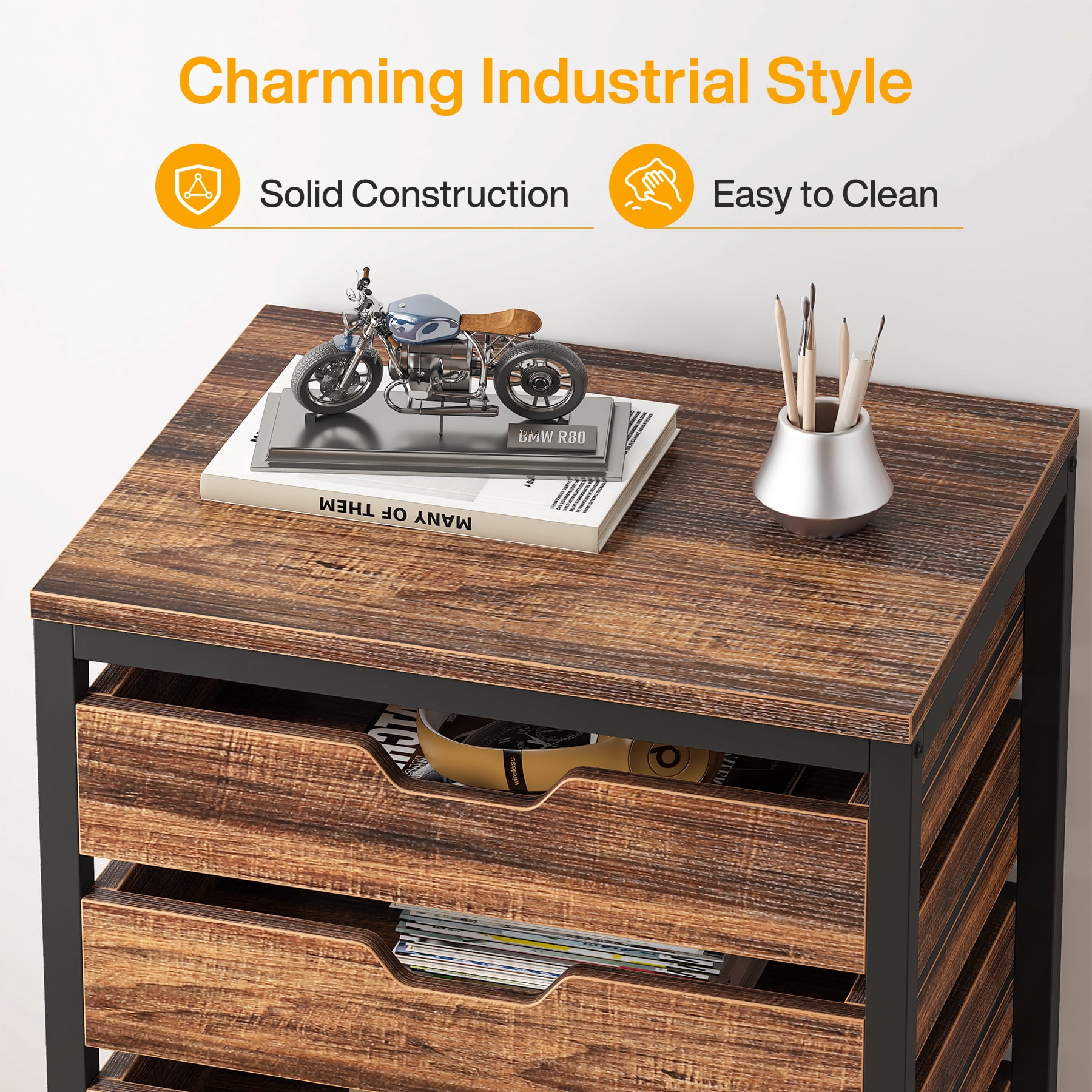 Tribesigns Industrial 5-Drawer File Cabinet, Wooden Mobile Lateral Filing Cabinet with Storage Drawers and Wheels for Home Office, Rustic Walnut
