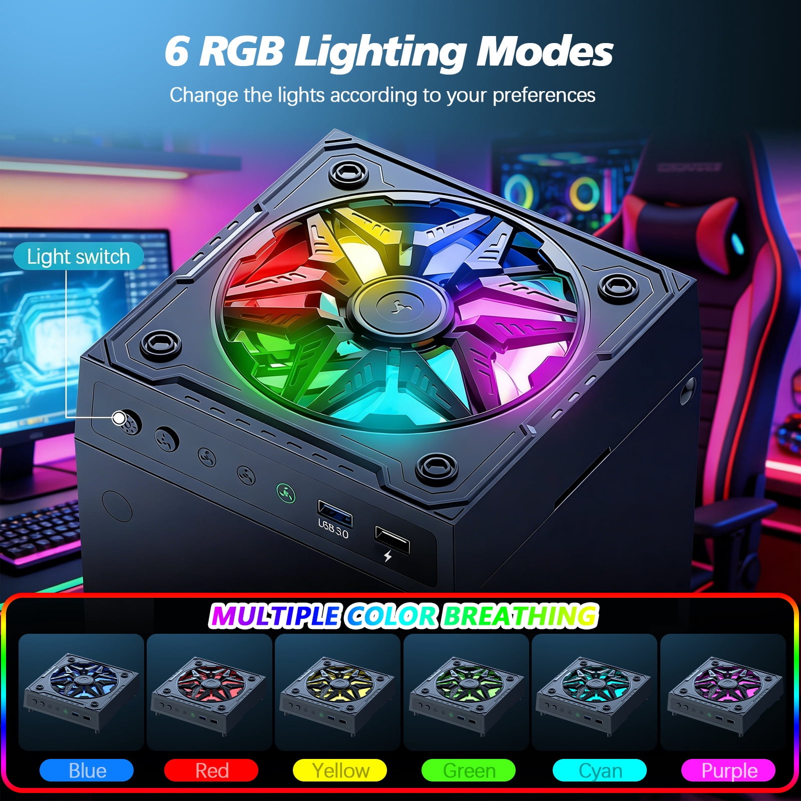 Arcticwind Cooling fan for Xbox Series X console, low-noise top fan with 3-speed settings, dustproof, Independent touch switch,featuring 6 RGB LED lighting modes, USB port, and headphone stand