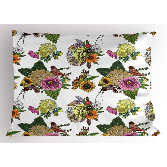 Ambesonne Botanical Pillow Sham, Leaves and Sunflowers, 36" X 20", Multicolor