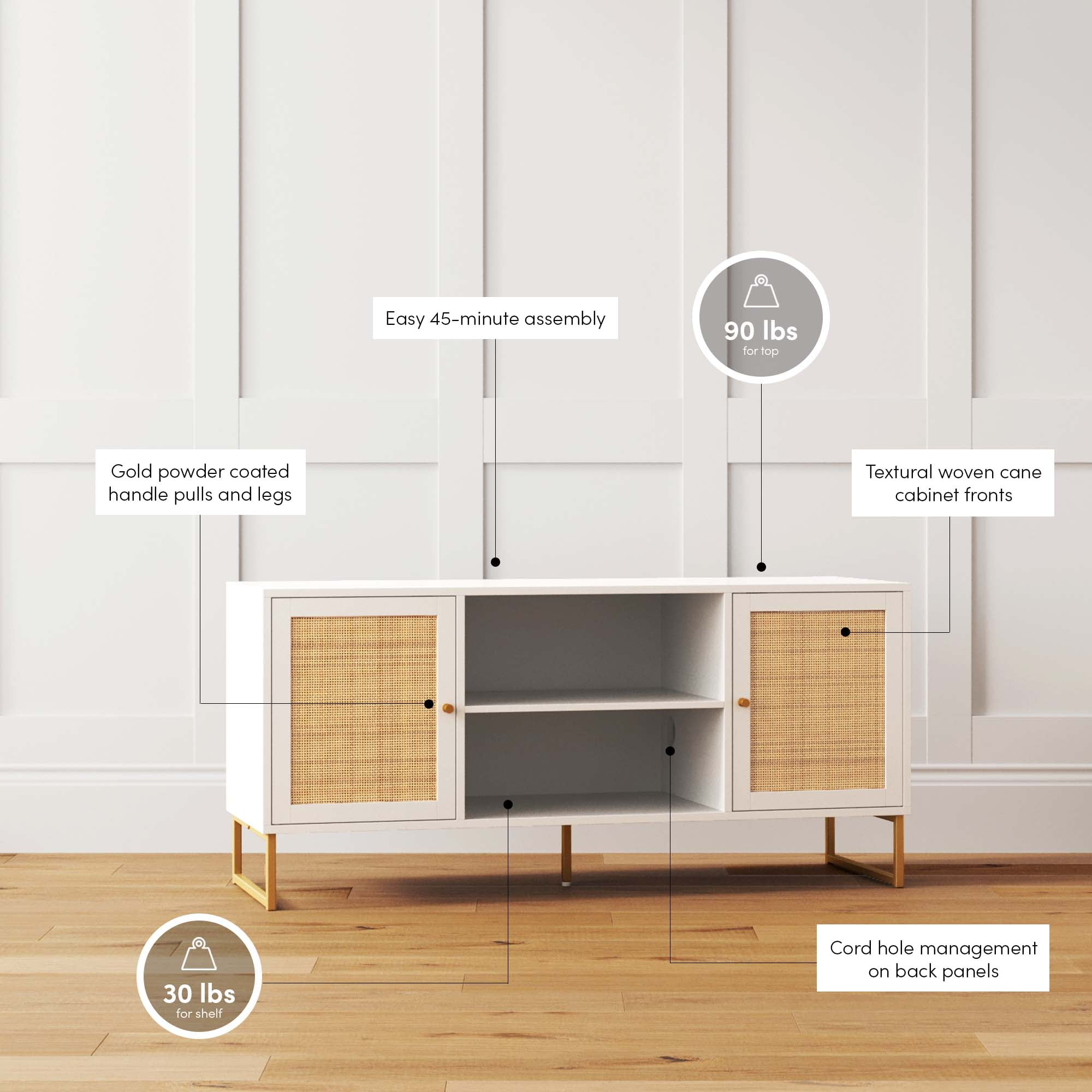Nathan James Mina TV Stand with Doors for TVs up to 55", White/Gold