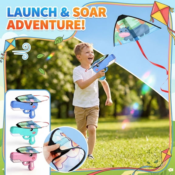 Dinosaur Kite Launcher Toy for Kids, Easy Outdoor Kite Toy with Launcher, No Running Needed for Backyard, Park & Beach Play (Blue)