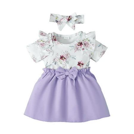 

Mikrdoo Newborn Baby Girls Clothes Floral Print Ruffle Sleeve Splice Dress With Headband 2Pcs Set Purple 6-9 Months