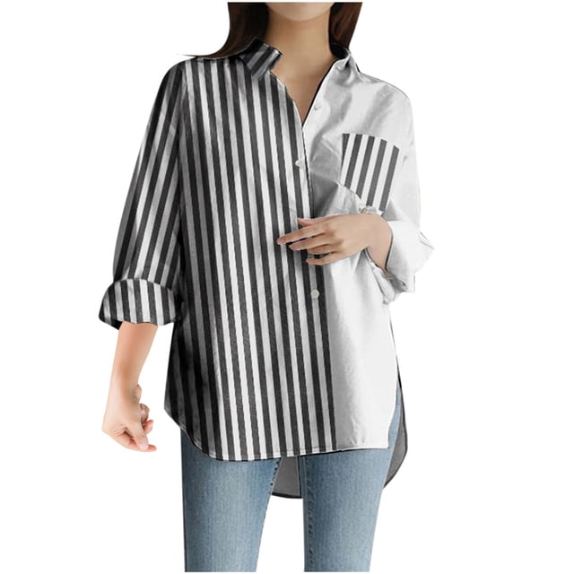 CEHVOM Blouse à Manches Longues en Satin à Rayures Col en V pour Femmes en Liquidation