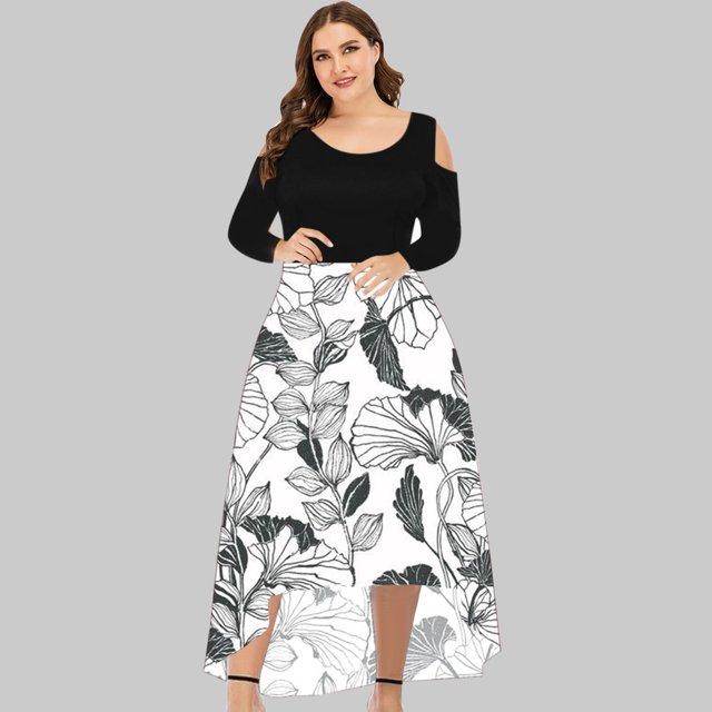 LSLJS Plus Size Women Sexy Round Neck Off Shoulder Floral Printed Strapless Gradient Splicing Long Sleeve Pullover Irregular Hem, Cocktail Dresses for Women Evening Party