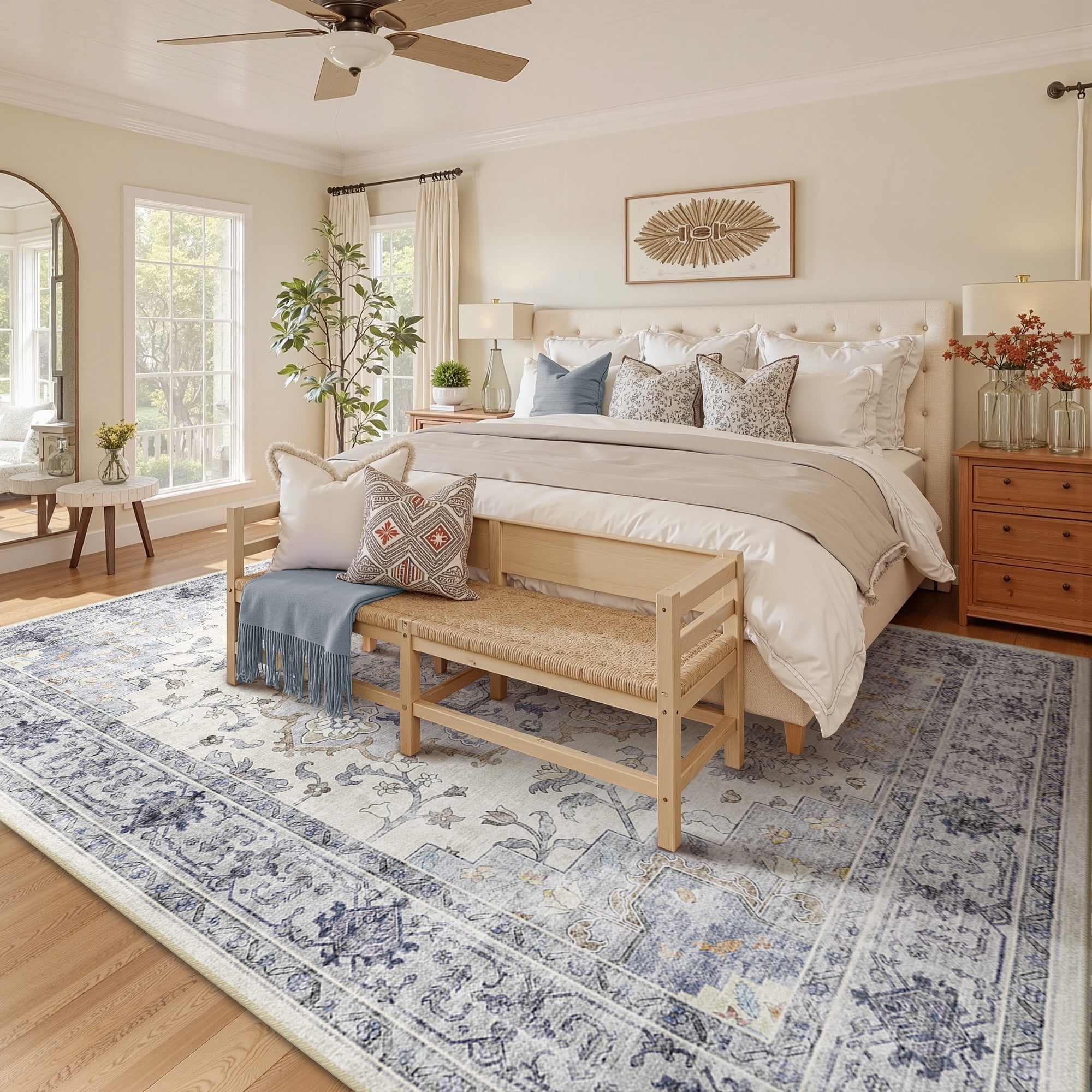 NewBuros 8'x10' Area Rugs, Machine Washable Non Slip Rugs for Living Room, Low Pile Water Repellent Soft Vintage Print Pattern Bedroom Carpet, Blue & White