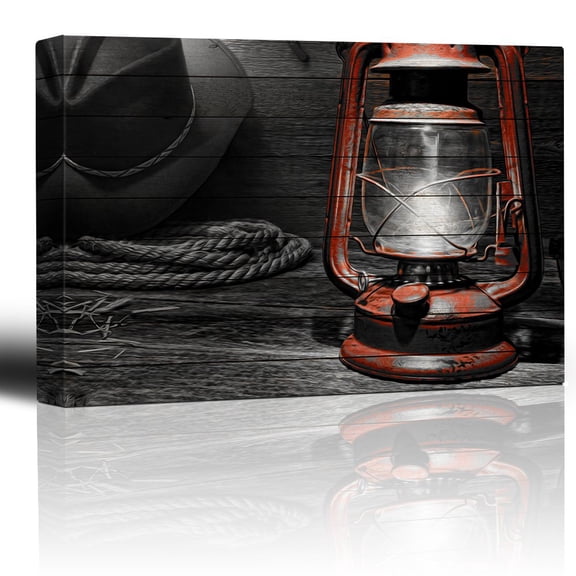 wall26 - Painted red Lantern in a Rustic barn - Cowboy hat and Rope in The Background - Illustrated Monochrome Country Art - Canvas Art Home Art - 24x36 inches