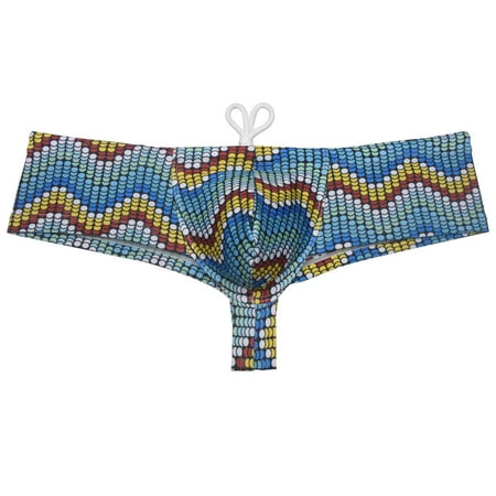Botmois Men s Print Boxer Briefs Bathing Suit with Drawstring Quick-dry Swim Thong Mini Bottom Swimsuit Pouch Bikini Trunks Jockstrap Underwear Yellow pearl stripe L