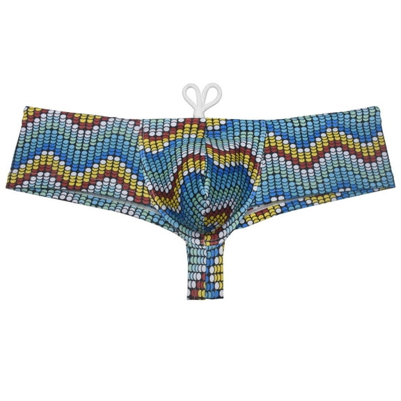 Botmois Men's Print Boxer Briefs Bathing Suit with Drawstring Quick-dry Swim Thong Mini Bottom Swimsuit Pouch Bikini Trunks Jockstrap Underwear Yellow pearl stripe M
