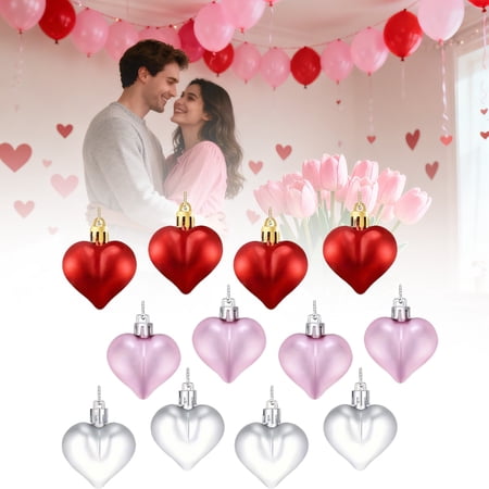 12 PCS Valentine s Day Heart Hanging Ornaments Red Pink Silver Glitter Heart Shaped Baubles Valentines Day Tree Hanging Decorations for Home Wedding Anniversary Party Decoration E