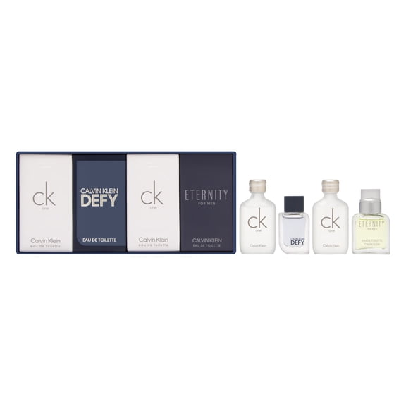 Calvin Klein Travel Exclusive Miniature Collection for Men 4 Piece Set Includes: CK One 2 x 0.33 oz Eau de Toilette Calvin Klein Defy 0.16 oz Eau de Toilette Eternity 0.33 oz Eau de Toilette