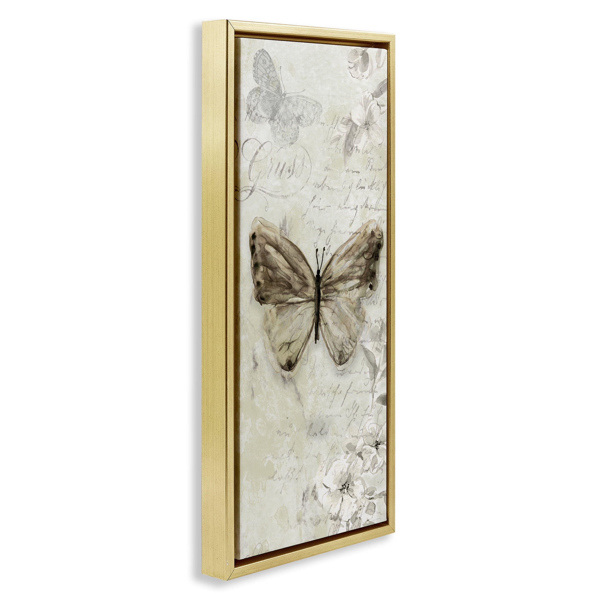 Stupell Industries Vintage Patterned Butterfly Animals & Insects Painting Gold Floater Framed Canvas Art Print Wall Art, 15 x 31