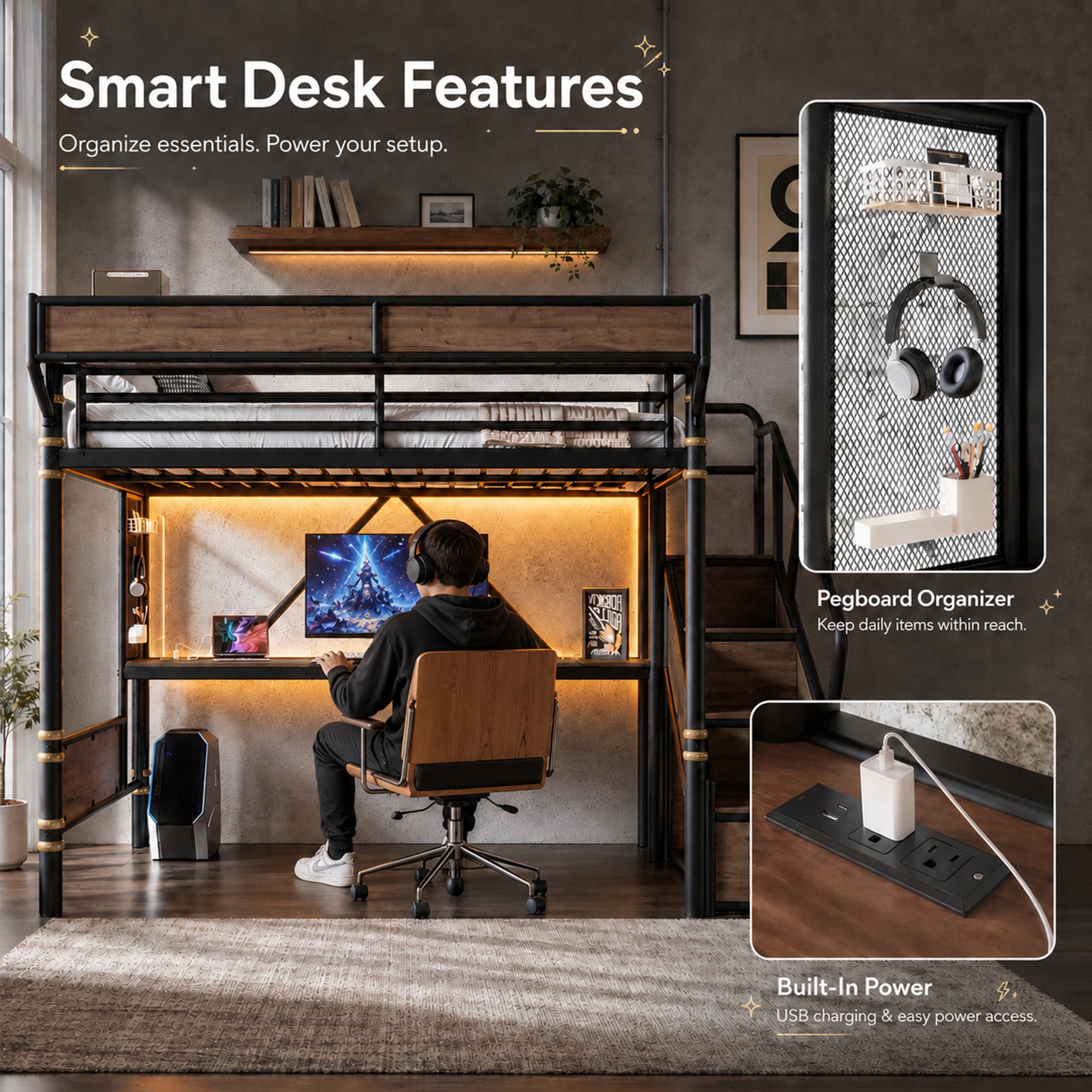 Leumius Twin Size Metal Loft Bed with Built-in Desk & Power Outlet, LED Strip, Industrial Metal Loft Bed Frame with Pegboard & Mesh Storage Baskets, Storage Stairs with Wardrobe, Black
