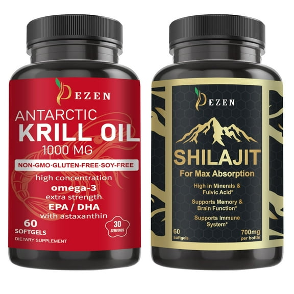 DEZEN Pure Himalayan Shilajit Softgel 700mg & Antarctic Krill Oil Softgel 1000mg, Omega 3 200mg, Phospholipids 200mg, Astaxanthin 200mg, Combo Pack, 120 Softgels
