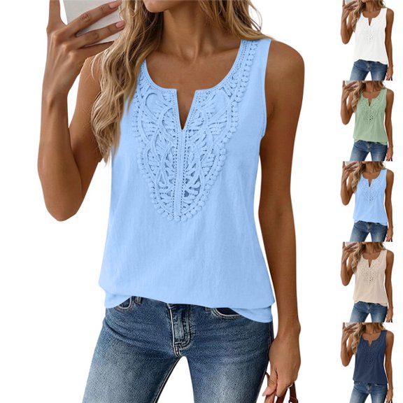 Linen Tank Tops for Women Summer 2026 Lace V Neck Sleeveless T Shirts Beach Boho Tops Casual Blouses,Sky Blue ,S