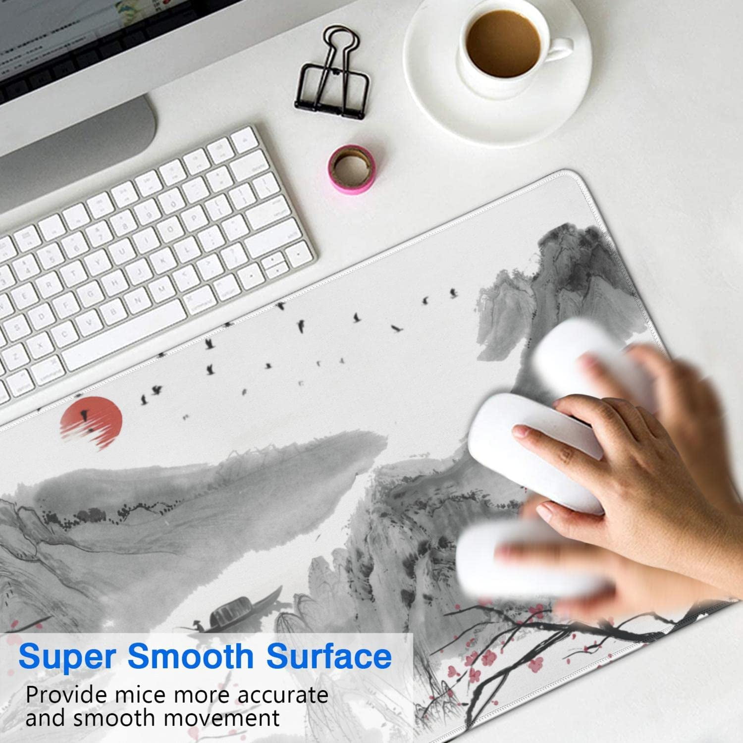 Cherry Blossom Mouse Pad Extended Gaming Mouse Pad (35.4x15.7 in) Large Sakura Non-Slip Rubber Base Desk Protector with Stitched Edges Japanese Full Desk Mousepad XXXL