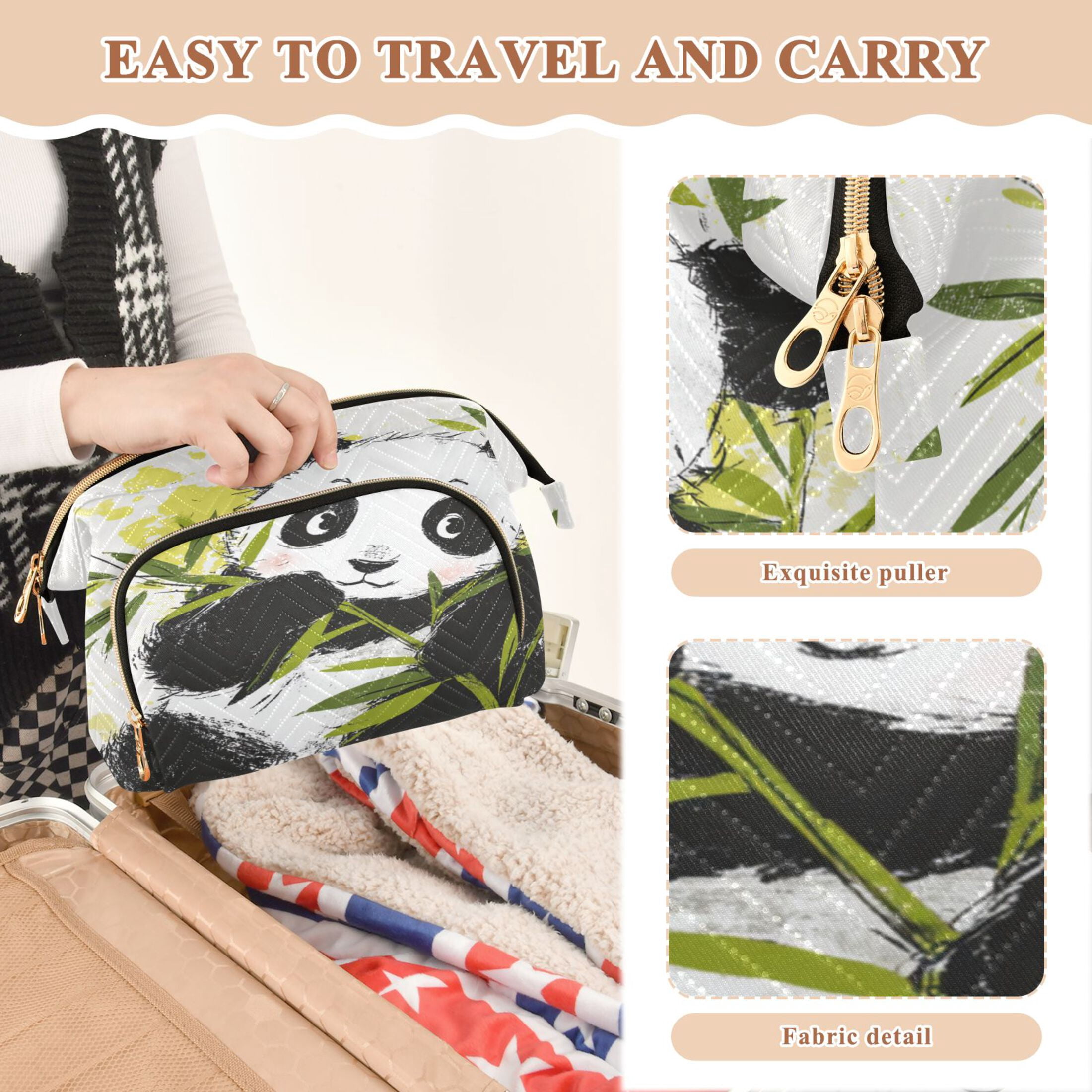 Wavy Quilted Cosmetic Bag Large-Capacity Travel Toiletry Organizer Includes 9-Piece Portable Travel Bottle Set Cheerful Bamboo Panda