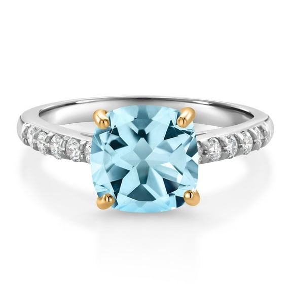 Gem Stone King 3.00 Ct Sky Blue Topaz G/H Lab Grown Diamond 10K White Gold Engagement Ring with Yellow Gold Prongs (Size 5)