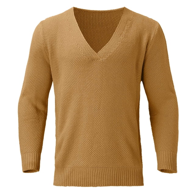 MIASHUI Men's Fall Winter Pullover V-Neck Solid Color Cardigan Knit Shirt Jacket Long Sleeve Comfort Khaki,XXL