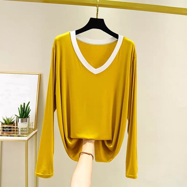 Neewe Womens T Shirts V Neck Long Sleeve Shirt Casual Tops Soft Solid Basic Tee Fall Outfits L-XL