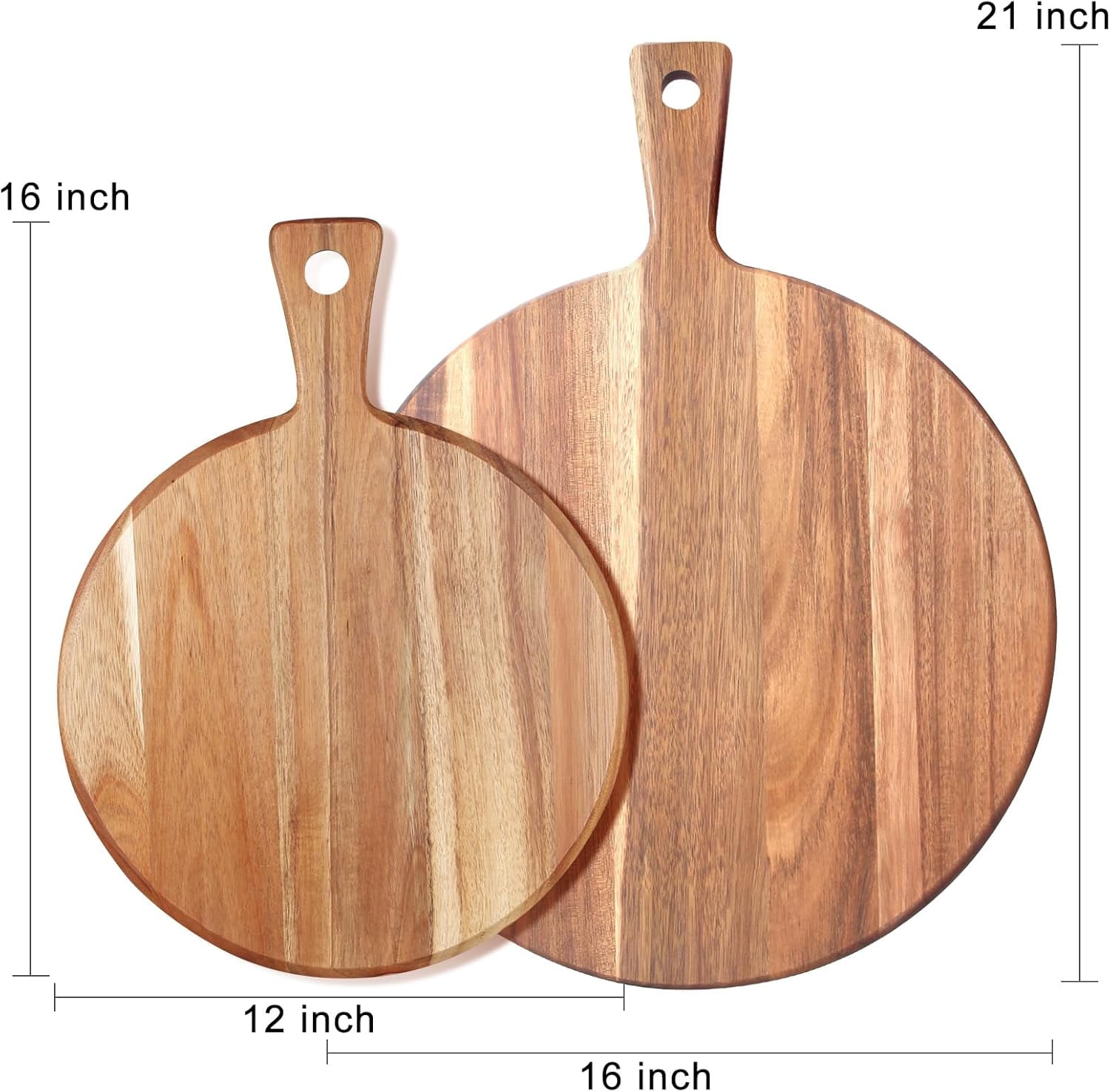 21"x16" XL Round Acacia Wood Cutting Board with Handle, Large Charcuterie Serving Platter for Meat, Cheese, Bread & Pizza