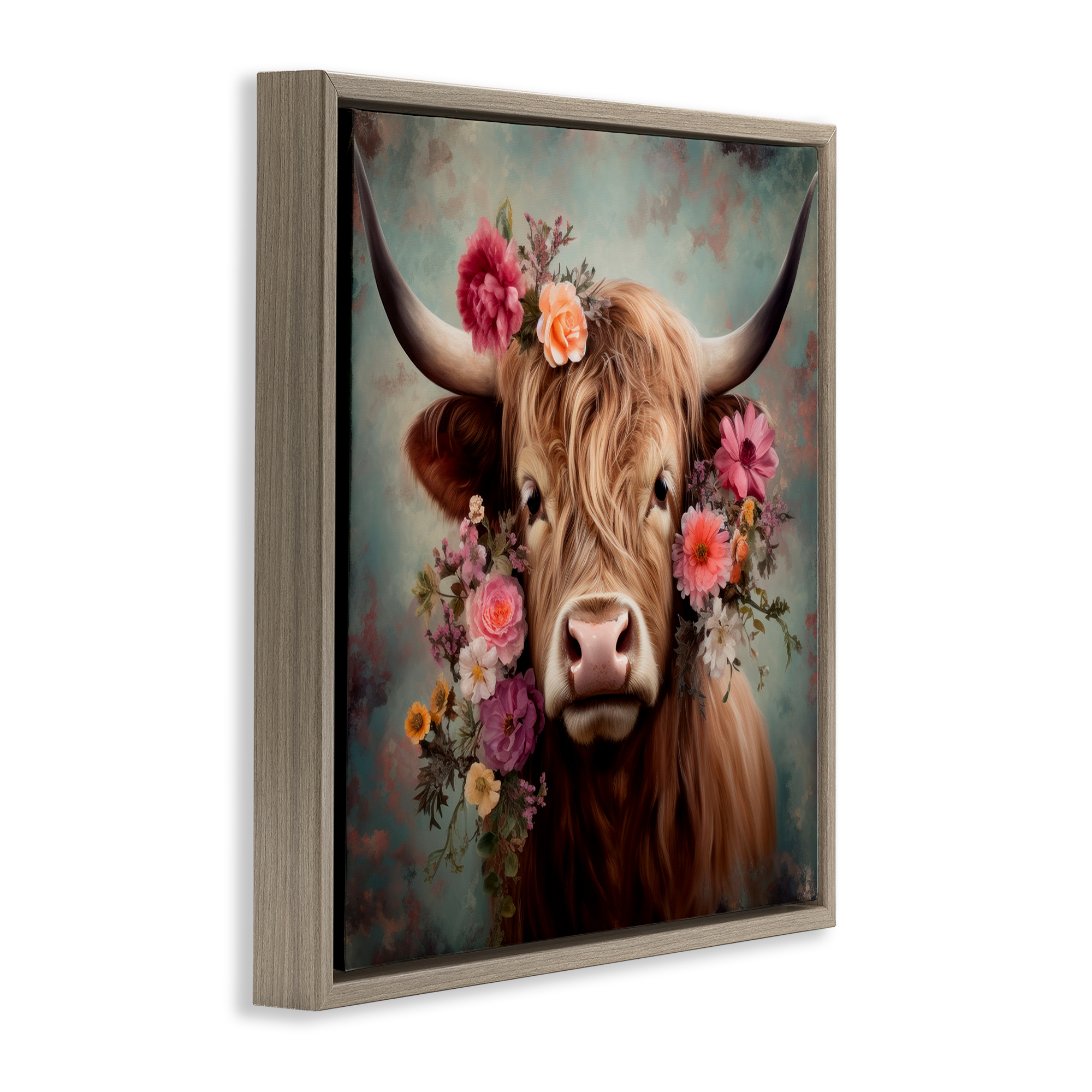 Stupell Industries Cattle with Gerbera Daisies Animals & Insects Painting Brown Floater Framed Canvas Art Print Wall Art, 25 x 25