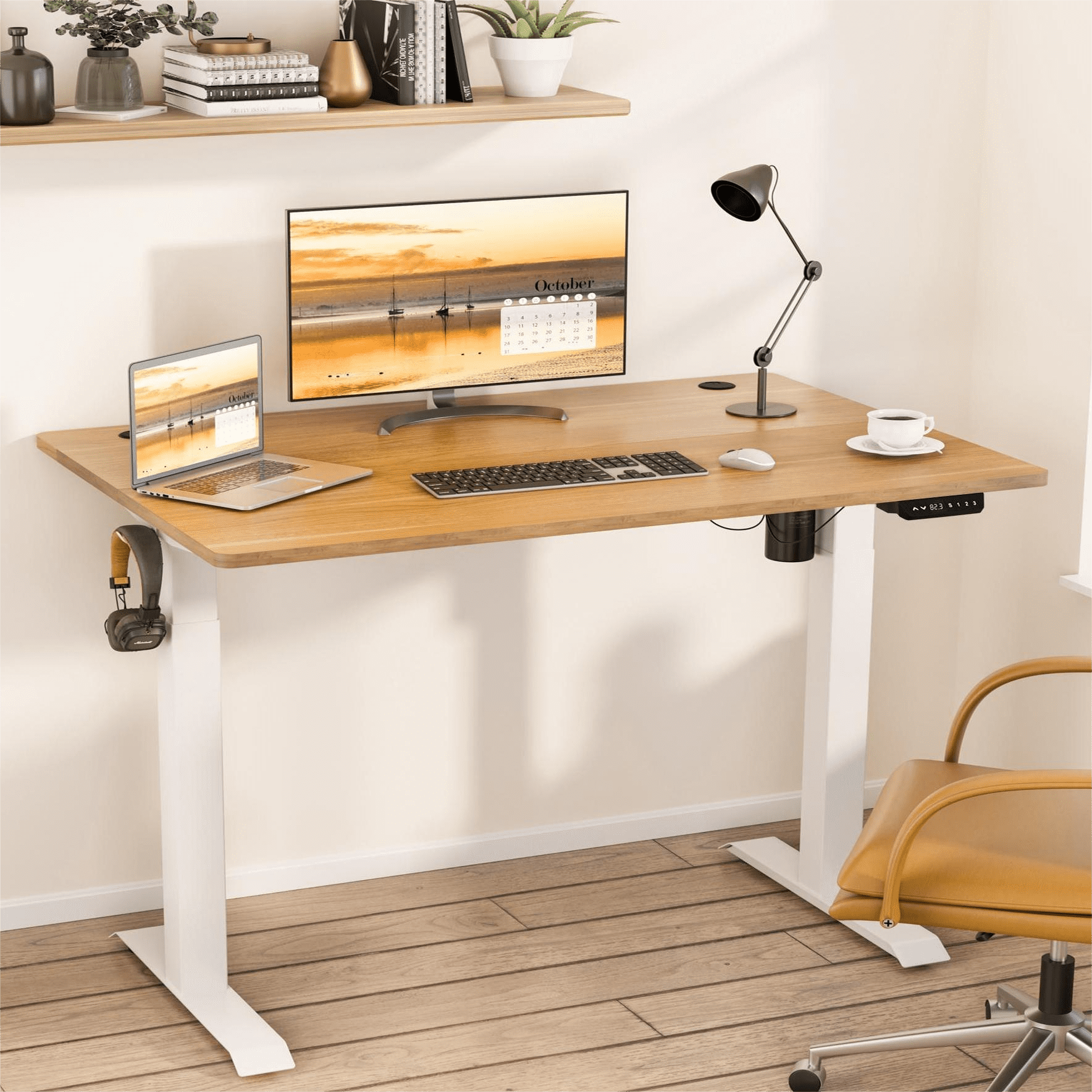 Sobaniilo 63" x 24" Home Office Electric Height Adjustable Standing Desk with Memory Control, White Frame + Maple Top