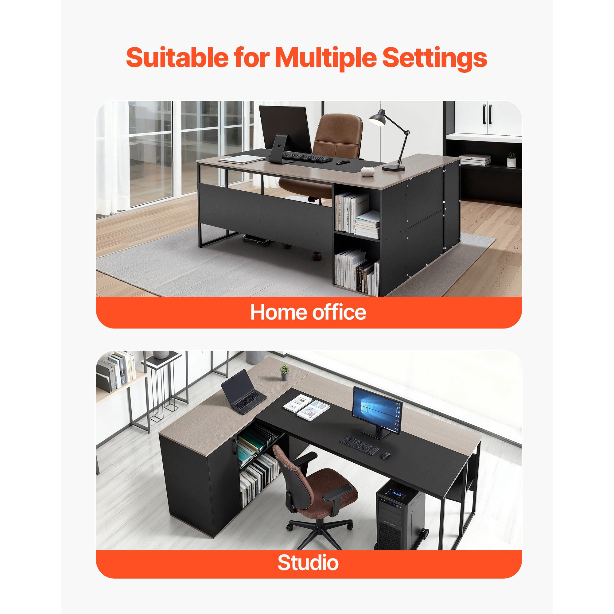 KFFKFF L-Shaped Office Desk with Storage Cabinet and Drawers, Spacious Wooden Workstation with CPU Stand, Durable Design Supporting Up to 350 lbs, Simple Assembly for Work, Study, or Writing