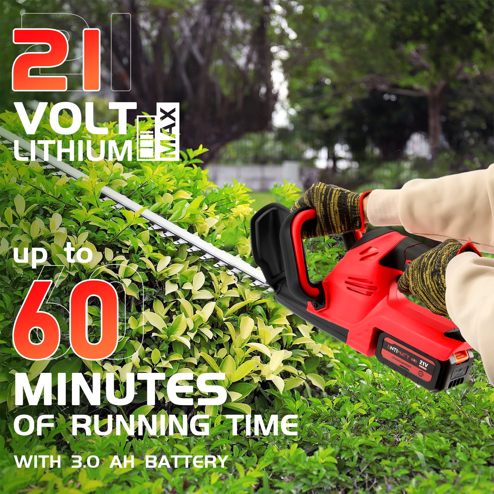 Cordless Hedge Trimmer, UNTIMATY 21V Rechargeable Hedge Trimmer with 22" Double Action Blade, Double Safety Handle, 3.0Ah Battery & Charger, for Shrub Cutting, Trimming
