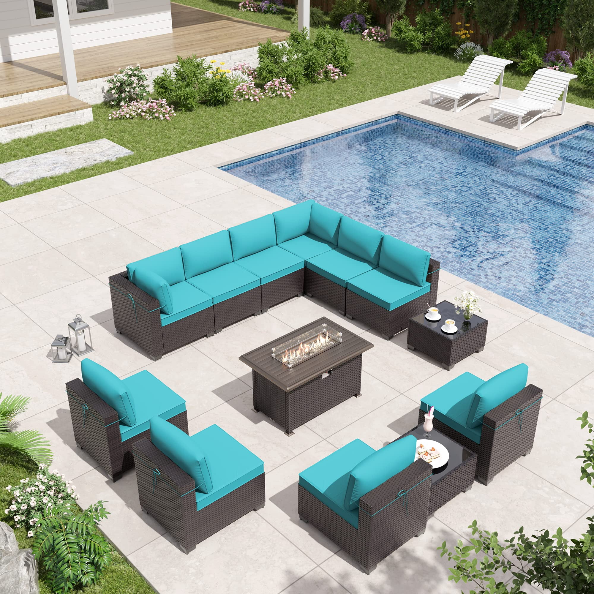 ALAULM 13 Piece Patio Furniture Set,Wicker Rattan Outdoor Sectional Sofa Set with Gas Fire Pit Table & Coffee Table,Blue