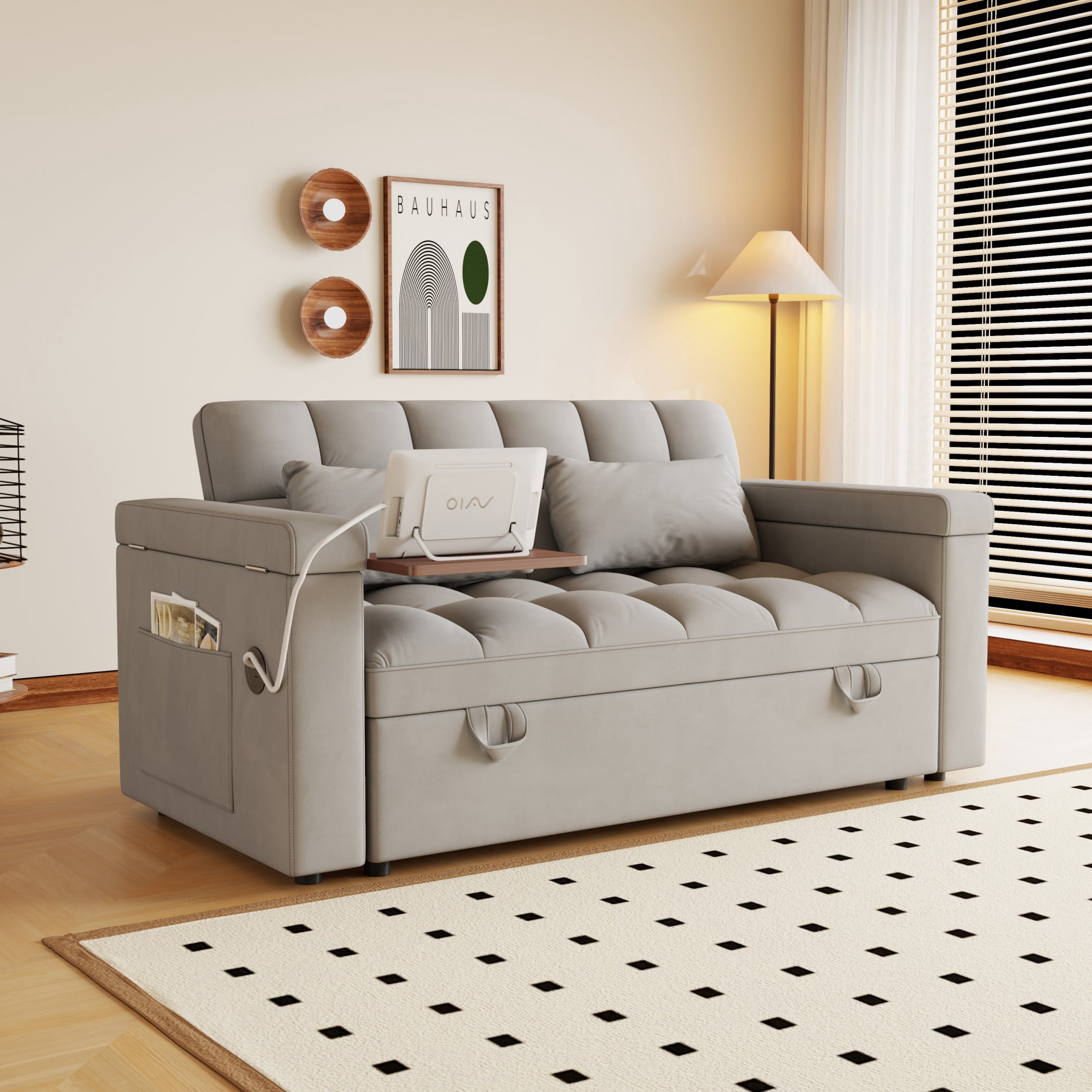BSHTI 65" 3-in-1 Velvet Foldable Sofa Bed with USB Port & Table Board – 5-Position Adjustable Backrest, Storage Armrests, Large Convertible Sleeper Couch for Living Room, Apartment, Office,Light Gray