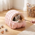 thumbnail image 4 of Small Cat Dog Cave Bed, Calming Pet Nest Warm Plush Covered Cat House with Hooded, Removable Hooded Blanket Cushion, Washable (Pink, Small), 4 of 6