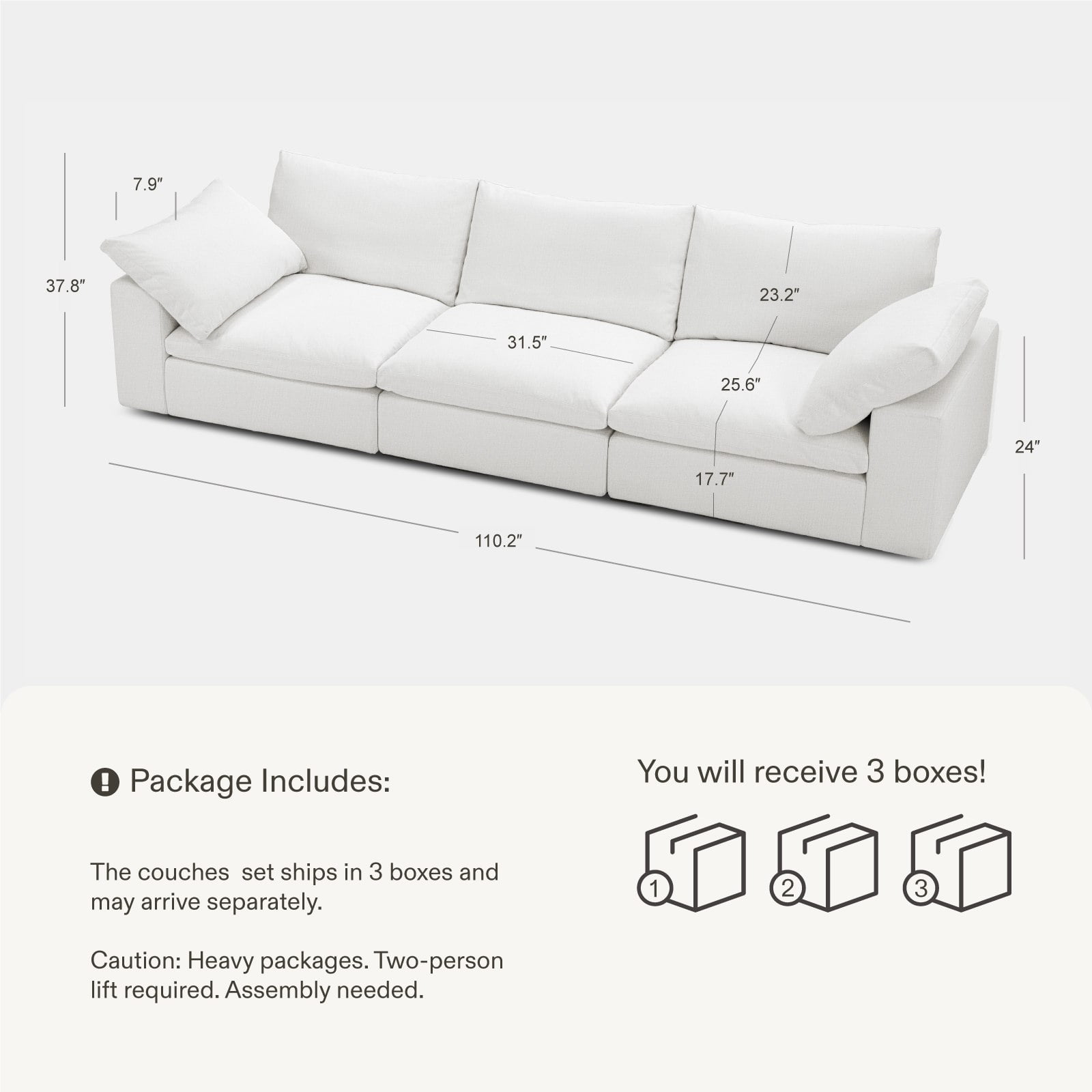 Vorthio Cloud Couch Modular Sectional Sofa, 110.2" 3-Seater with Deep Seat, Comfy Fabric Couch for Living Room, White