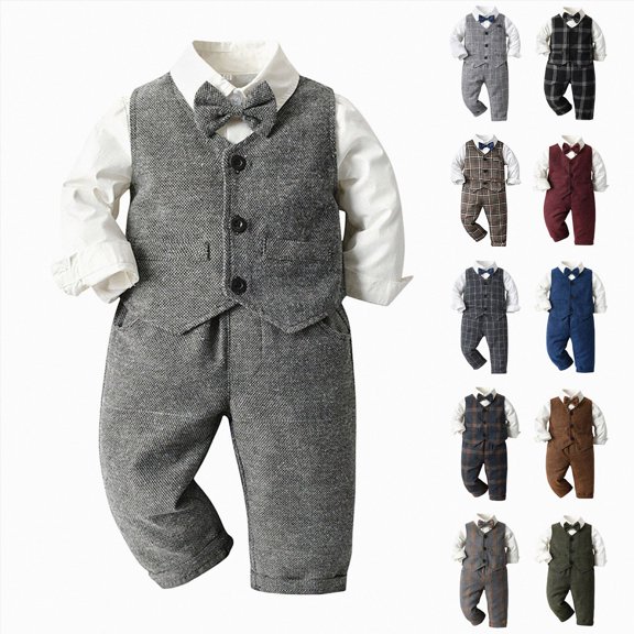 Nwiuh Baby Boys Gentleman Outfits Suits Long Sleeves Shirt with Bow Tie Vest Pants 3pcs Christening Wedding Party Suit (Grey, 3-4 Years)
