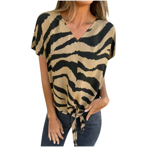 Womens Striped Tops Fashion Zebra Print Short Sleeve T-Shirts V Neck Elegant Tunic Shirt Summer Holiday Blouses Casual Loose Pullover Tops