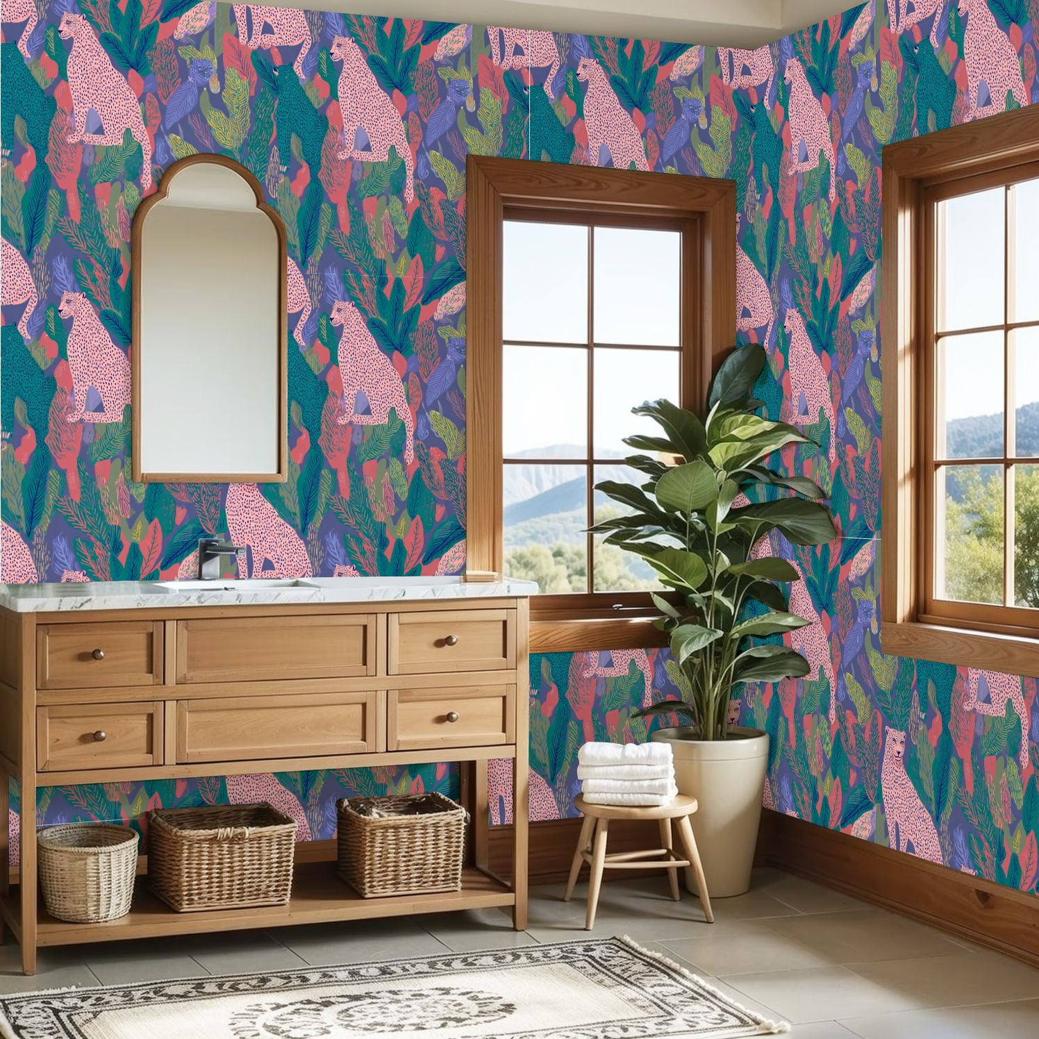 Cheetah Peel and Stick Wallpaper 23.6in x 9.8ft Pink Teal Cheetah Jungle Tropical Leaves Purple Contact Paper Vinyl Waterproof Self Adhesive Wall Paper for Bedroom Shelf Cabinet Renter Friendly