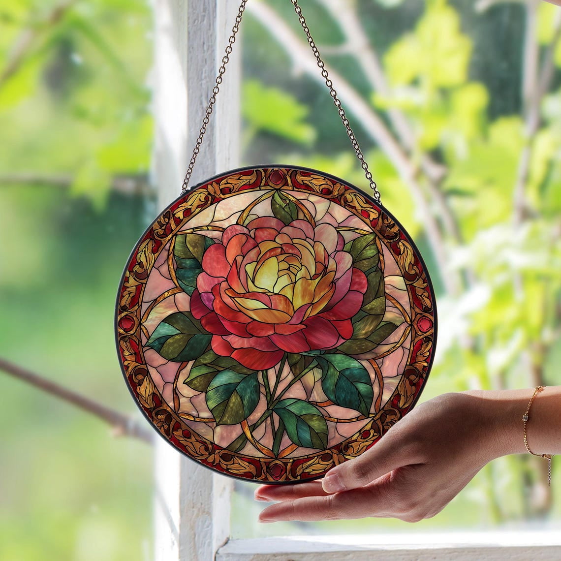 Rose Glass Window Suncatcher Elegant Classic Garden Floral Art 3.5 in
