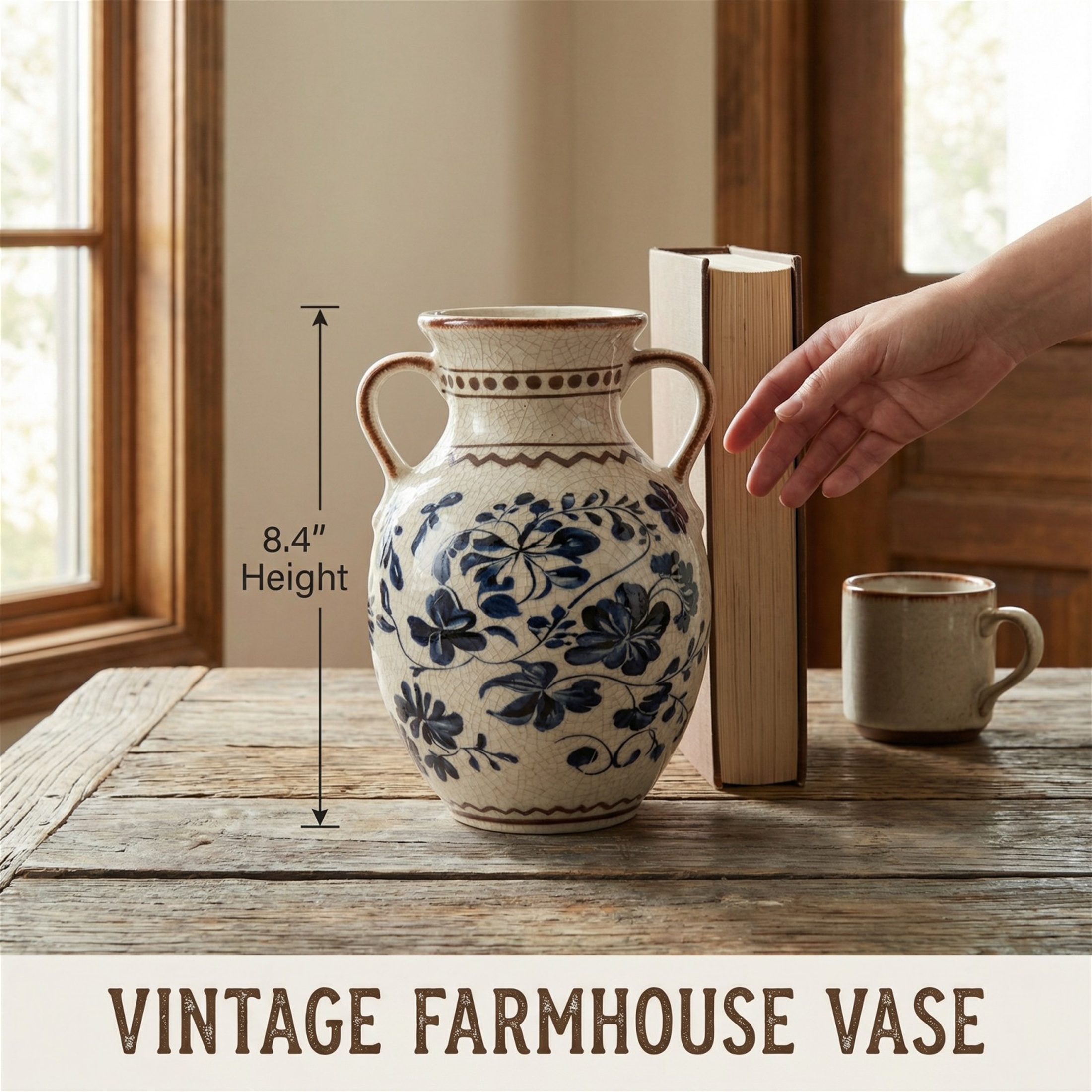 BUYMAX Vintage Navy Blue Ceramic Vase with Handles, 8.4 in photo 8
