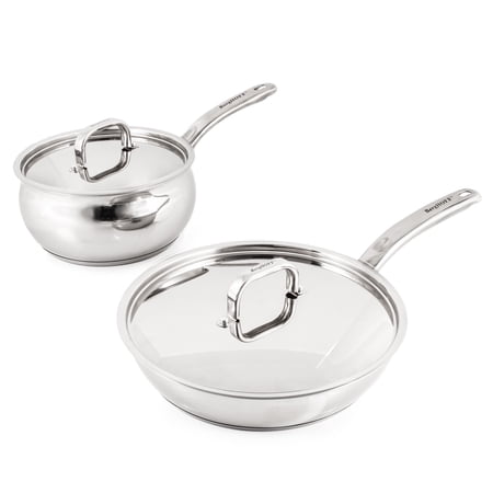 BergHOFF Belly Shape 4pc 18/10 Stainless Steel Skillet & Saucepan Cookware Set with SS Lids