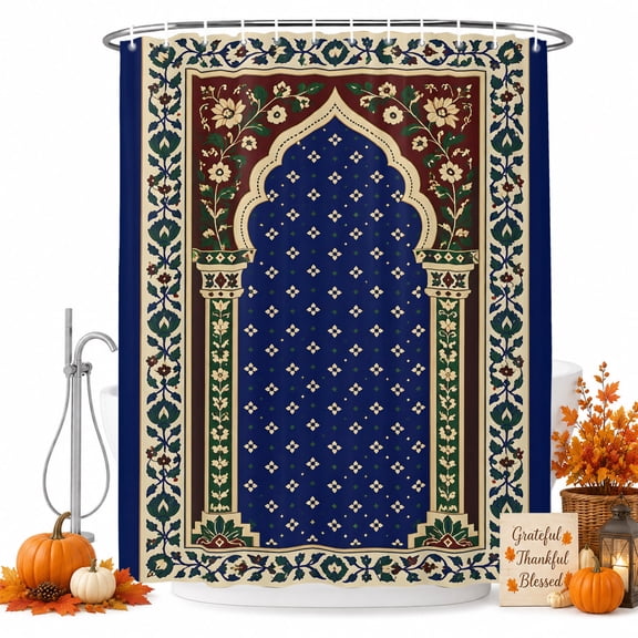 Ethnic Arched Shower Curtain, Waterproof Shower Curtains for Bathroom, Blue Vintage Traditional Floral Framed Washable Fabric Bathtub Curtain Set Bath Decor with 12 Hooks Stall 36"x72"