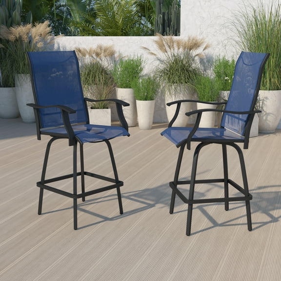 BizChair Patio Bar Height Stools Set of 2, All-Weather Textilene Swivel Patio Stools and Deck Chairs with High Back & Armrests in Navy
