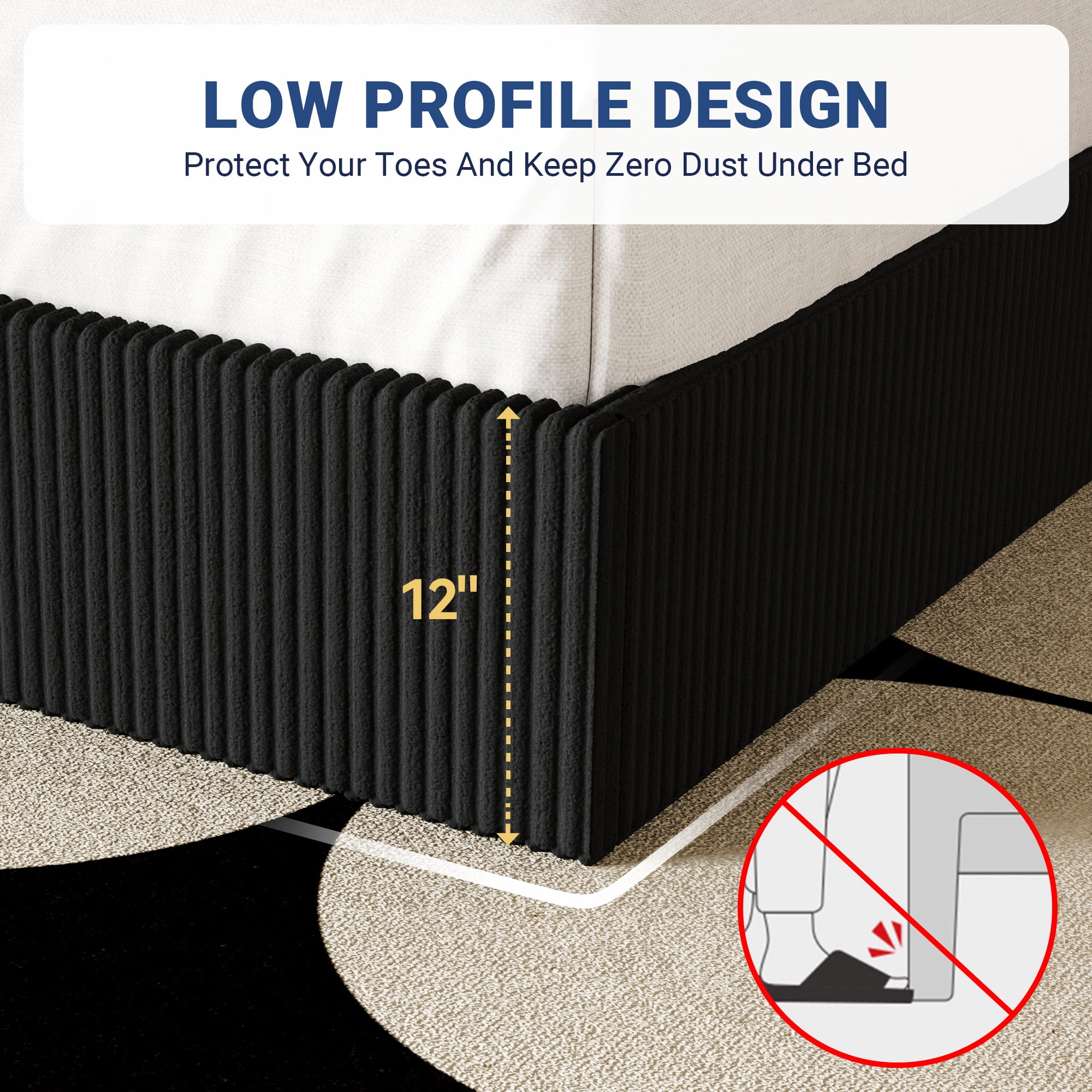 Allewie Full Bed Frame, Upholstered Platform Bed, Adjustable Vertical Channel Tufted Headboard, Corduroy Fabric, Modern Low Profile, Wooden Slats, No Box Spring Needed, Easy Assembly, Black