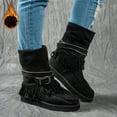 thumbnail image 3 of Rokment Wide Mid Calf Winter Snow Boots for Women Ethnic Boho Fringe Buckles Fringe Fleece Lined Warm Suede Platform Low Heel Fold over Tall Boots Black Size 6, 3 of 6