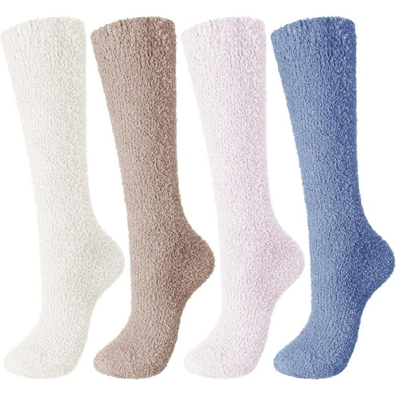 4Pairs Thigh Knee High Fuzzy Socks Women Warm Long Winter Sock