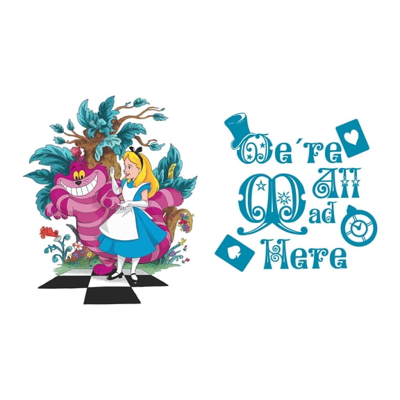Cute Cartoon Alice & mischievous Cat Mad Hatter Cheshire Cat Alice in Wonderland Adventurous Creative Minimalist Cartoon Girls Boys Kid Room Design Nursery Fun Home Vinyl Decoration Size (26x24 inch)
