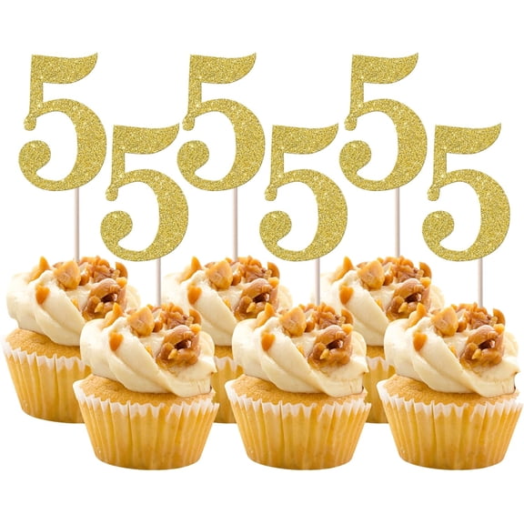 Number 5 Glitter Cupcake Toppers, Gold, 5th Birthday Party Decorations, Anniversary Baby Shower Picks, 12 Pack