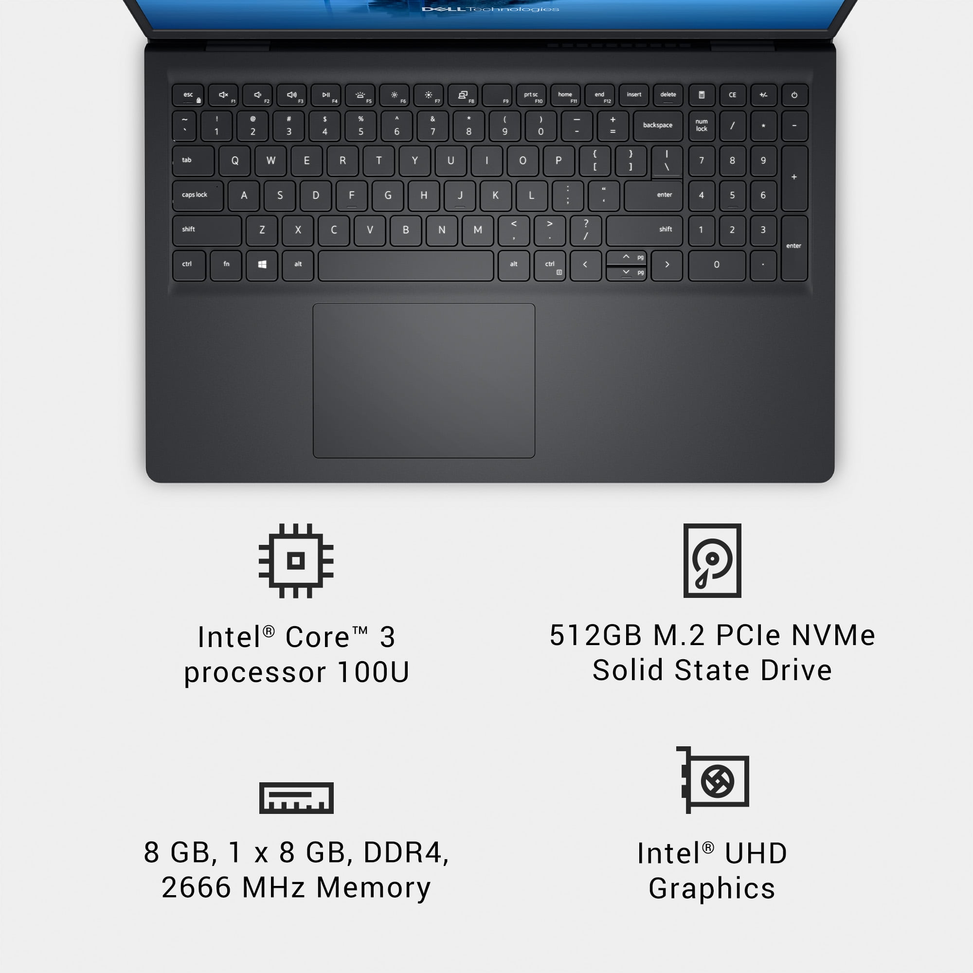Dell 15 Laptop DC15250 - 15.6-inch FHD, Intel Core 3-100U, 8GB RAM, 512GB SSD, Carbon Black