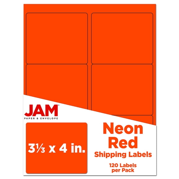 JAM Paper Shipping Address Labels, 3 1/3 x 4, Neon Fluorescent Red/Orange, 120 per Pack